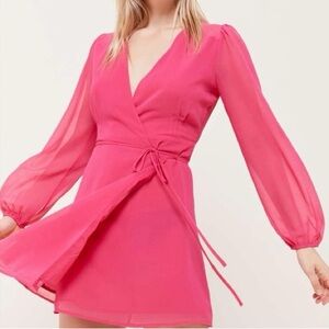 URBAN OUTFITTERS SHEER Pink V-Neck WRAP Mini DRESS Long Sleeve